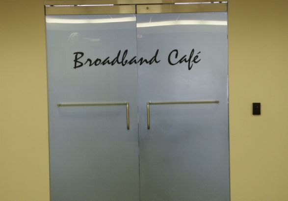 Broadband Cafe.  Instantly &quot;frost&quot; your glass doors for added privacy by using one of our specialty vinyls. 